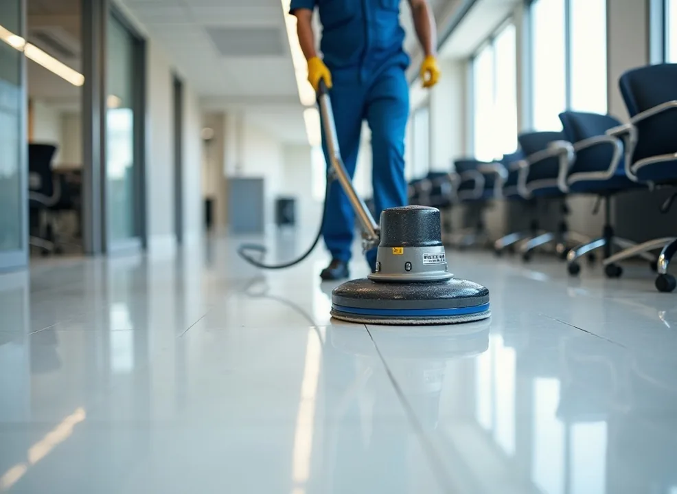 Commercial cleaning service polishing office floor with industrial machine