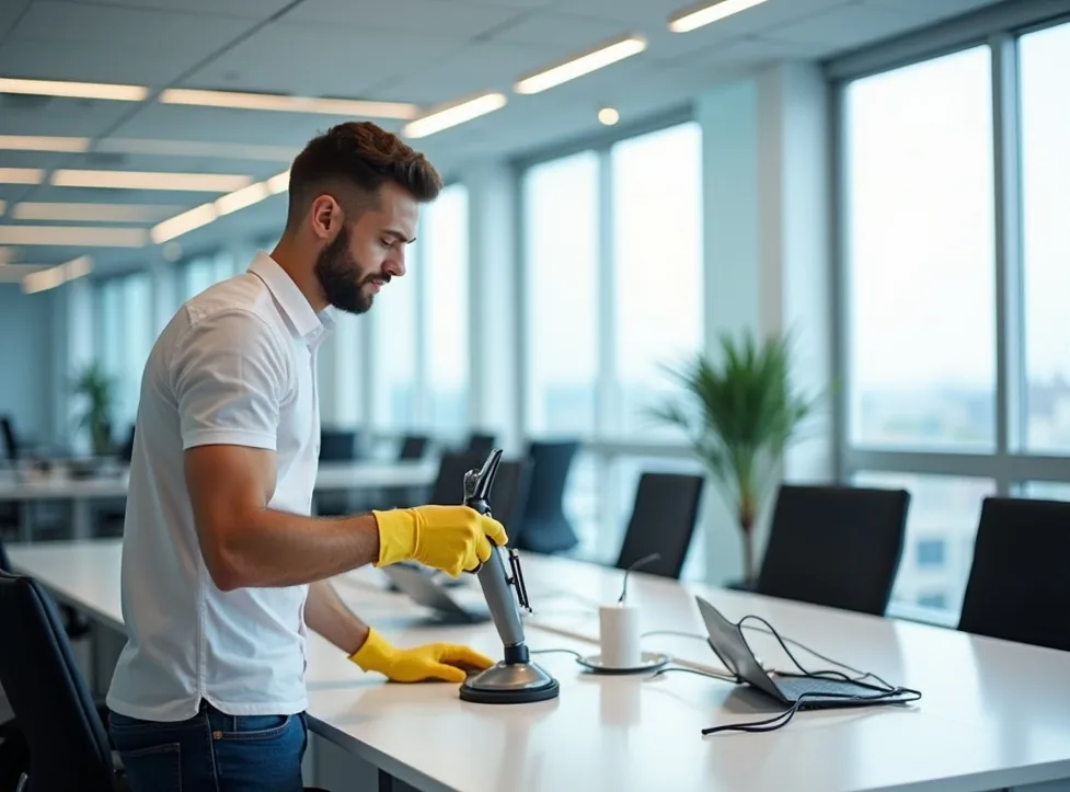 Modern office cleaning with professional equipment in bright workspace